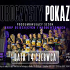 Dance event poster: group of children and teens on stage with medals, purple text, and event details in Polish on a dark purple background.