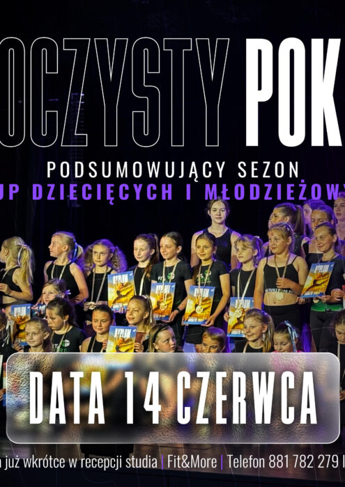 Dance event poster: group of children and teens on stage with medals, purple text, and event details in Polish on a dark purple background.