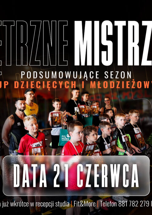 Plakat promujący Mistrzostwa Młodzieży w Fit&More, grupa dzieci i młodzieży z medalami; zawiera informacje o dacie i lokalizacji imprezy.
