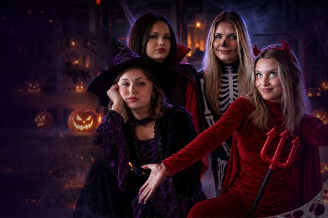 Four friends in Halloween costumes pose together at night among glowing jack-o'-lanterns; one wears a red devil outfit with a trident, others as witches and a skeleton-themed look.