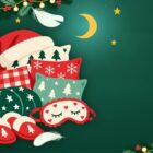 Festive Christmas illustration: Santa hat, holiday cushions with tree patterns, red slippers, and a heart-eyed sleep mask on a green background with stars.