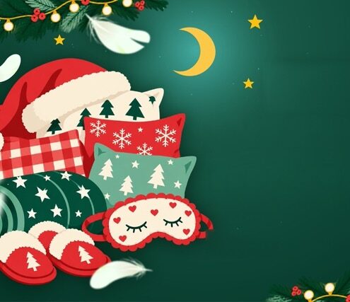 Festive Christmas illustration: Santa hat, holiday cushions with tree patterns, red slippers, and a heart-eyed sleep mask on a green background with stars.