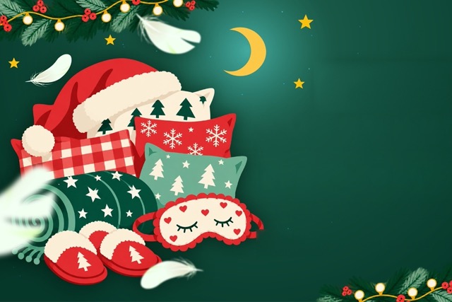 Festive Christmas illustration: Santa hat, holiday cushions with tree patterns, red slippers, and a heart-eyed sleep mask on a green background with stars.